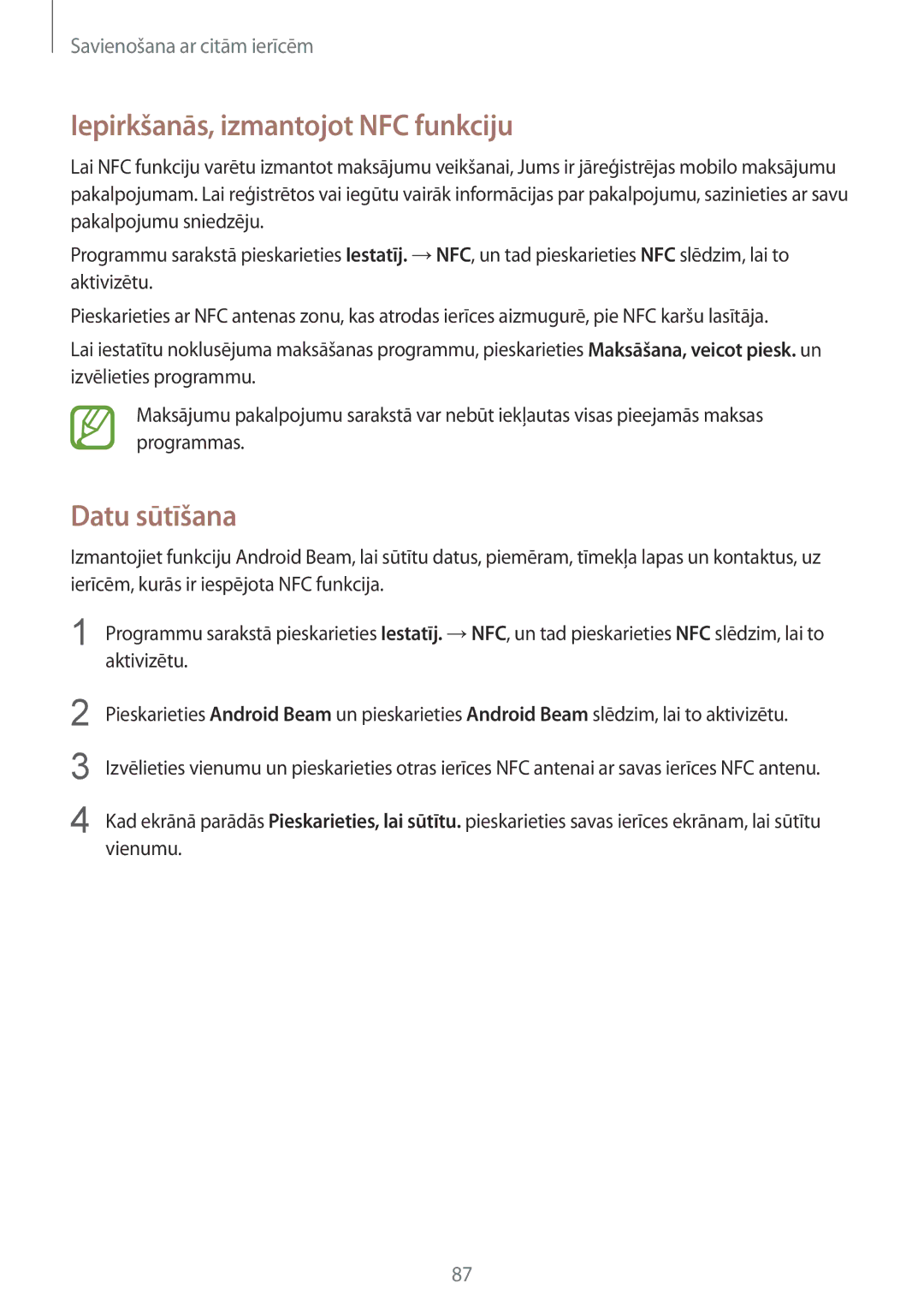 Samsung SM-G357FZWZSEB, SM-G357FZAZSEB manual Iepirkšanās, izmantojot NFC funkciju, Datu sūtīšana 