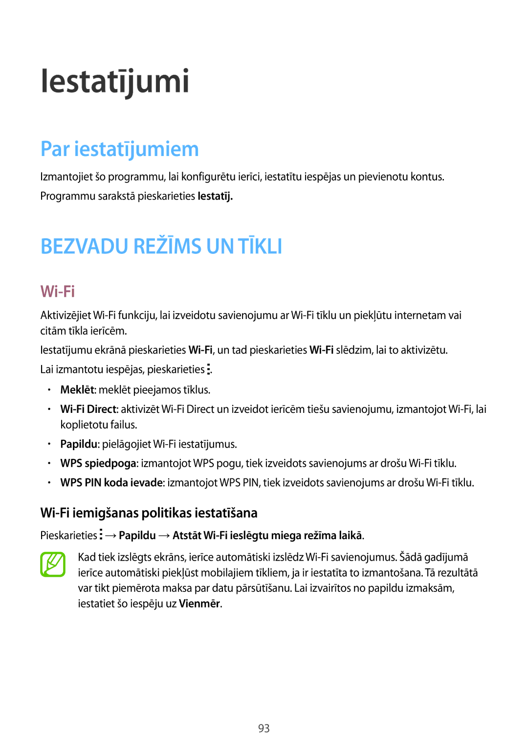 Samsung SM-G357FZWZSEB, SM-G357FZAZSEB manual Iestatījumi, Par iestatījumiem, Wi-Fi iemigšanas politikas iestatīšana 