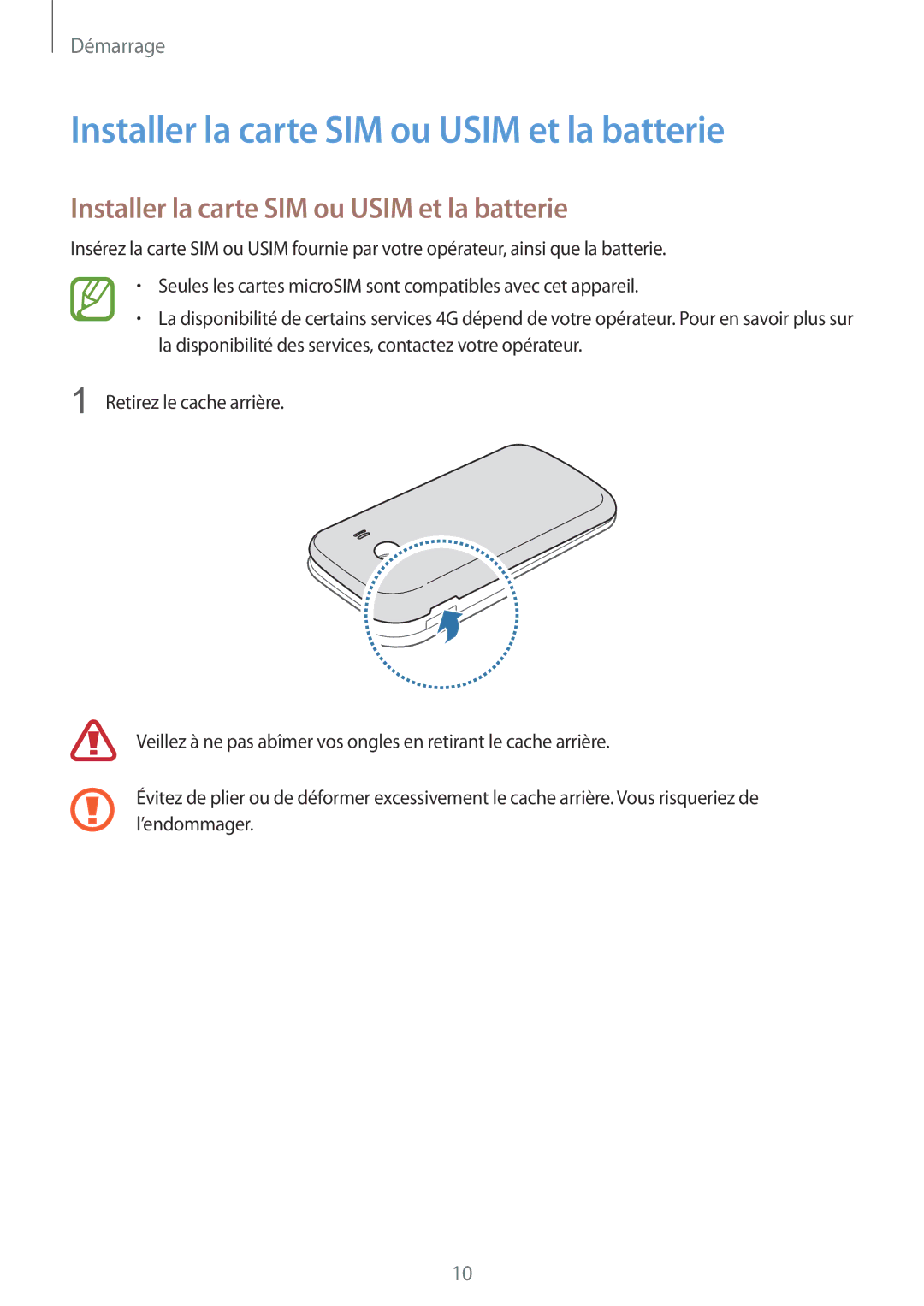 Samsung SM-G357FZAZSFR, SM-G357FZWZBOG, SM-G357FZWZXEF, SM-G357FZWZFTM manual Installer la carte SIM ou Usim et la batterie 