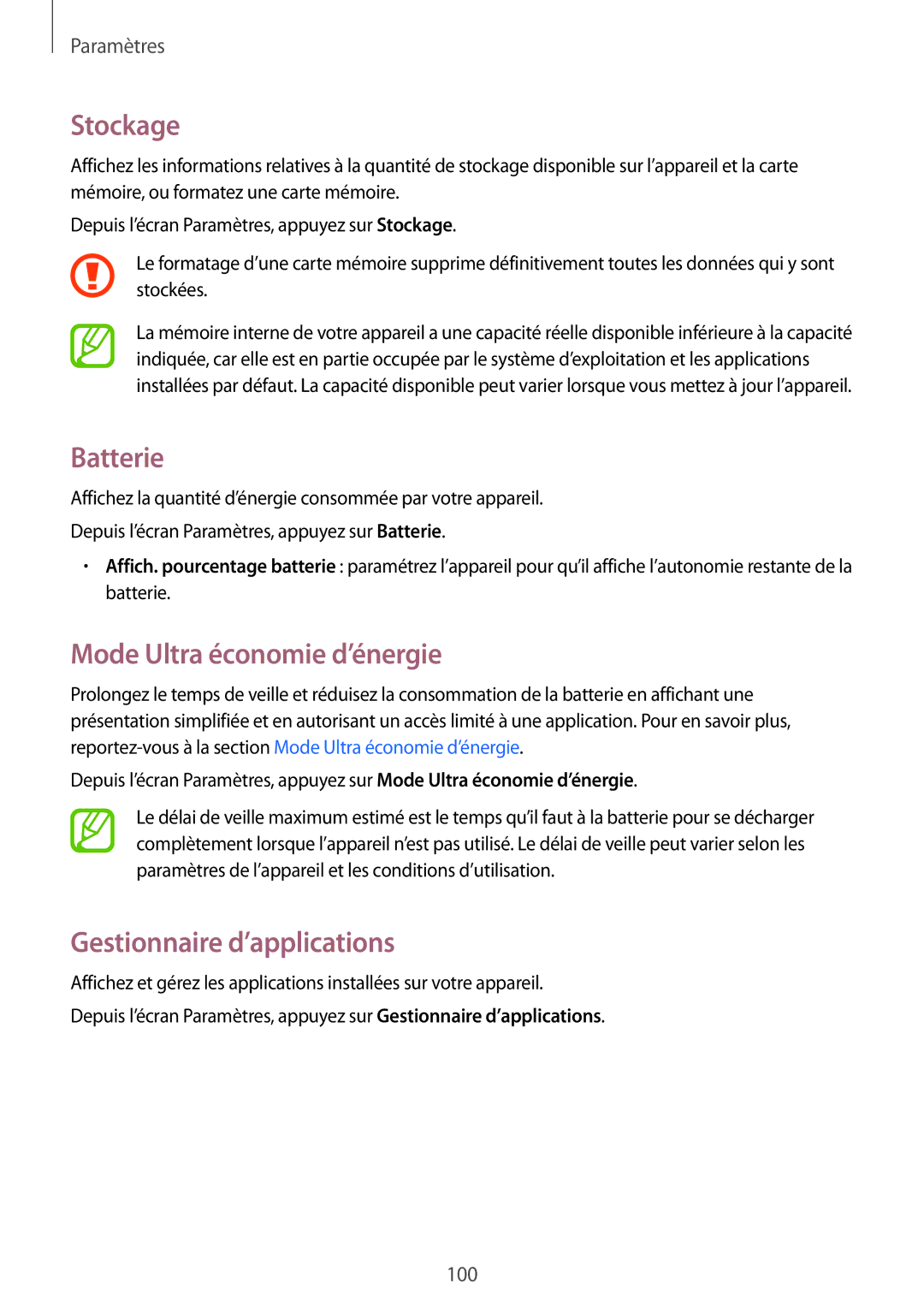 Samsung SM-G357FZAZSFR, SM-G357FZWZBOG, SM-G357FZWZXEF, SM-G357FZWZFTM manual Stockage, Batterie, Gestionnaire d’applications 