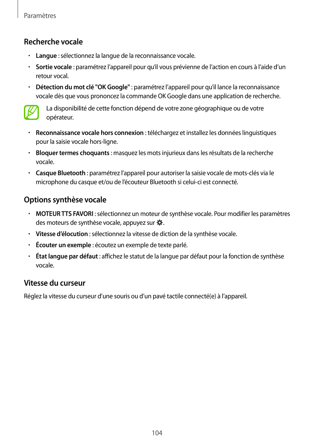 Samsung SM-G357FZWZNRJ, SM-G357FZAZSFR, SM-G357FZWZBOG, SM-G357FZWZXEF manual Options synthèse vocale, Vitesse du curseur 