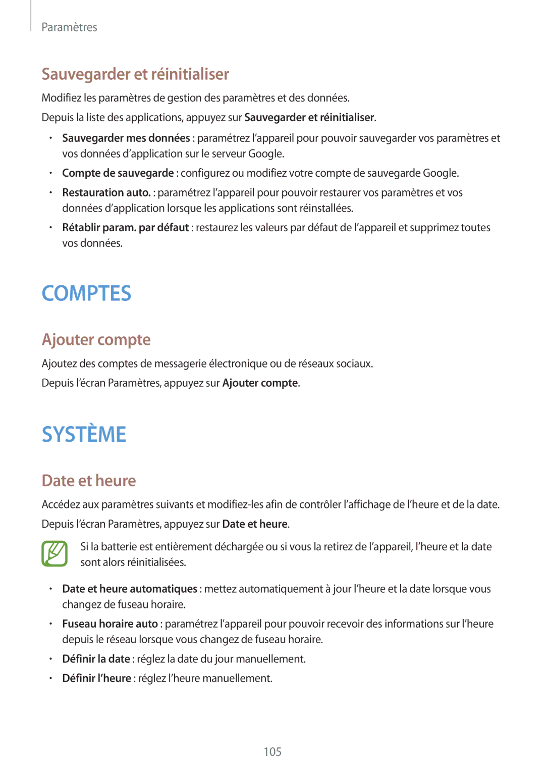 Samsung SM-G357FZAZFTM, SM-G357FZAZSFR, SM-G357FZWZBOG manual Sauvegarder et réinitialiser, Ajouter compte, Date et heure 