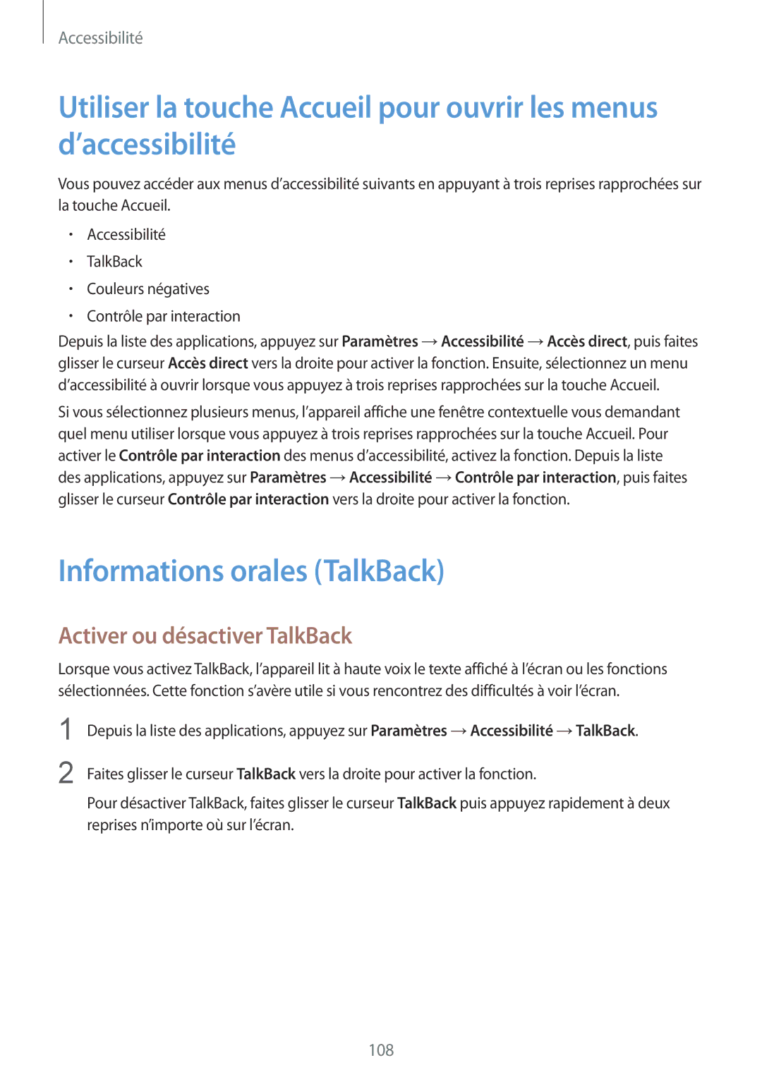 Samsung SM-G357FZAZNRJ, SM-G357FZAZSFR, SM-G357FZWZBOG manual Informations orales TalkBack, Activer ou désactiver TalkBack 