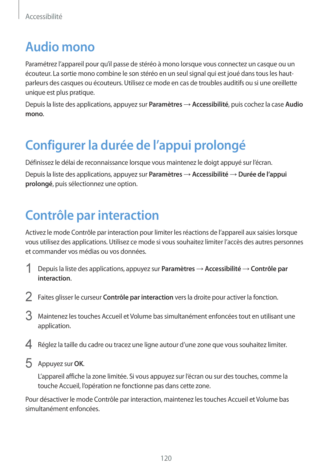 Samsung SM-G357FZAZSFR manual Audio mono, Configurer la durée de l’appui prolongé, Contrôle par interaction, Interaction 