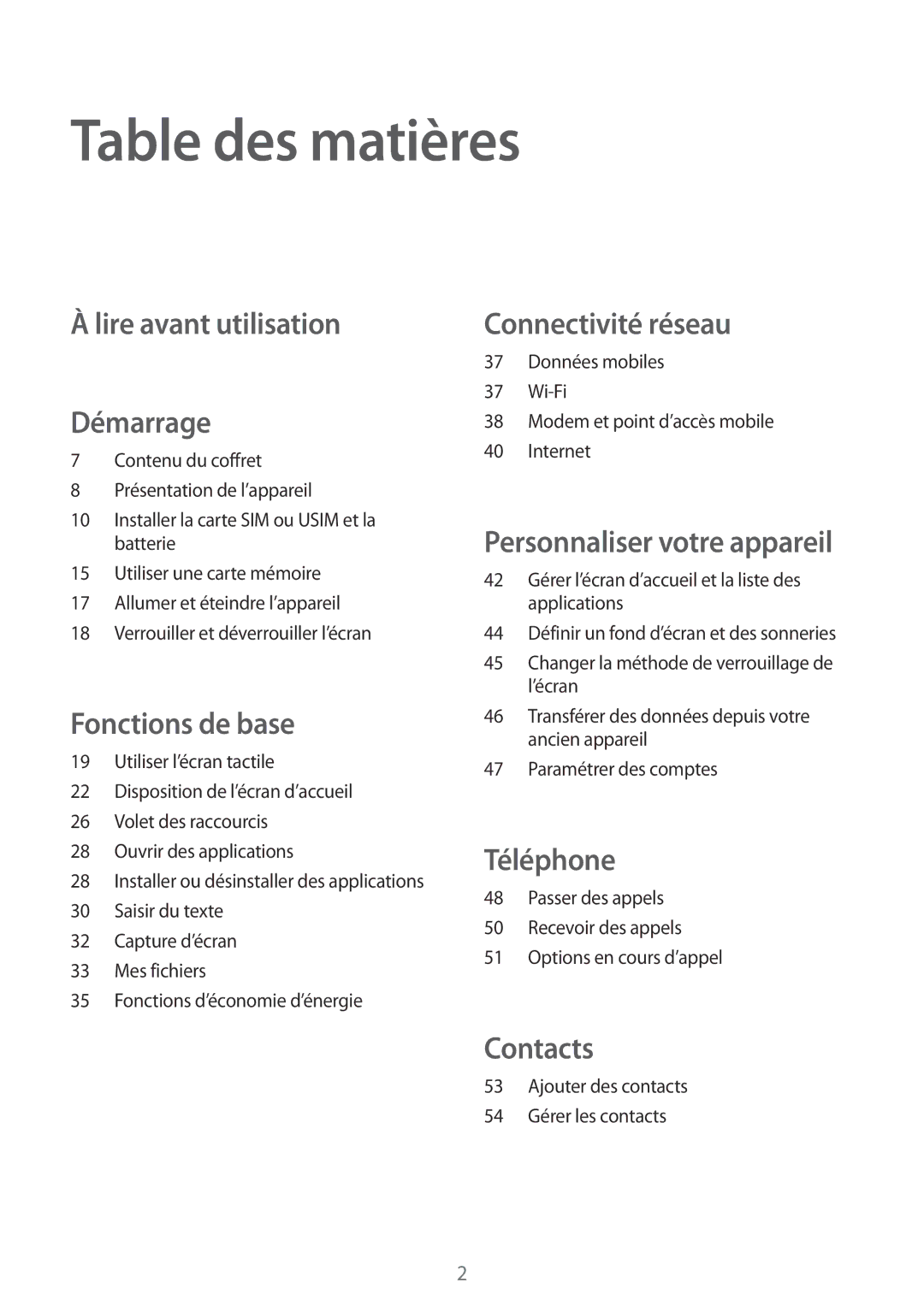 Samsung SM-G357FZWZXEF, SM-G357FZAZSFR, SM-G357FZWZBOG, SM-G357FZWZFTM Table des matières, Lire avant utilisation Démarrage 