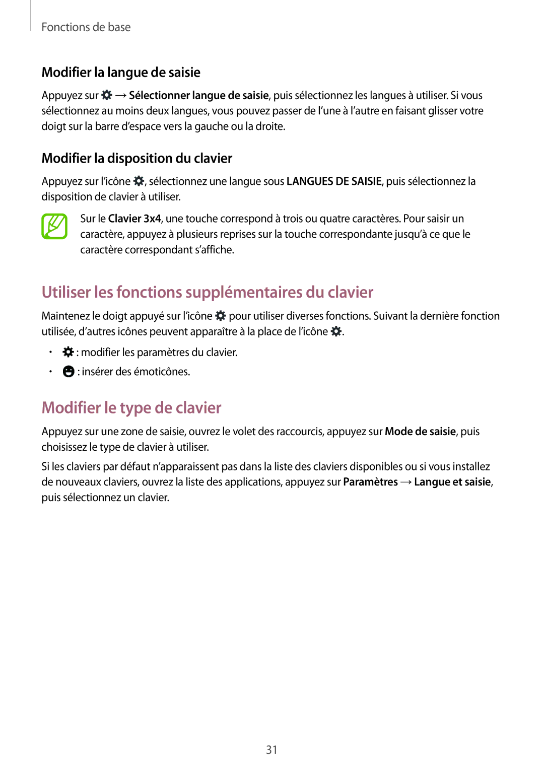 Samsung SM-G357FZWZBOG, SM-G357FZAZSFR manual Utiliser les fonctions supplémentaires du clavier, Modifier le type de clavier 