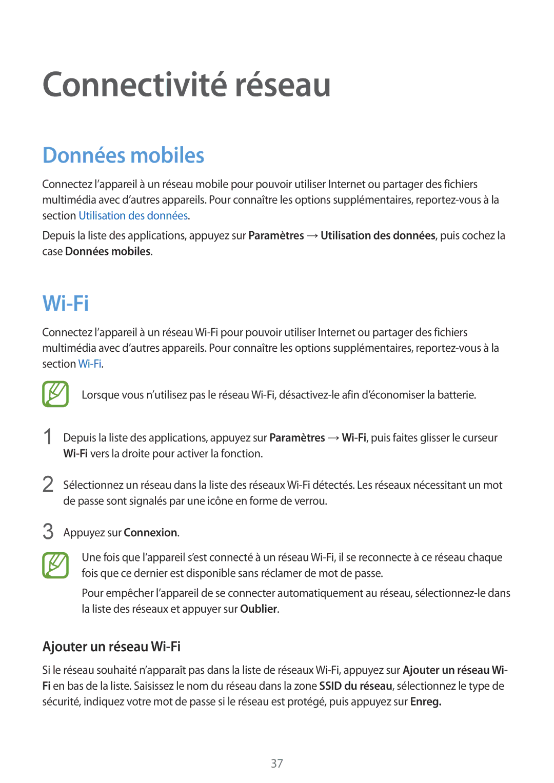 Samsung SM-G357FZAZXEF, SM-G357FZAZSFR, SM-G357FZWZBOG Connectivité réseau, Données mobiles, Ajouter un réseau Wi-Fi 