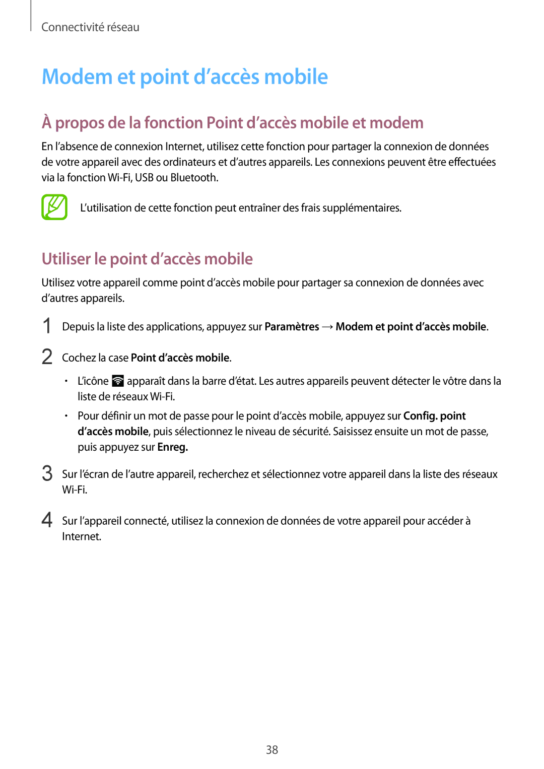 Samsung SM-G357FZAZNRJ, SM-G357FZAZSFR Modem et point d’accès mobile, Propos de la fonction Point d’accès mobile et modem 