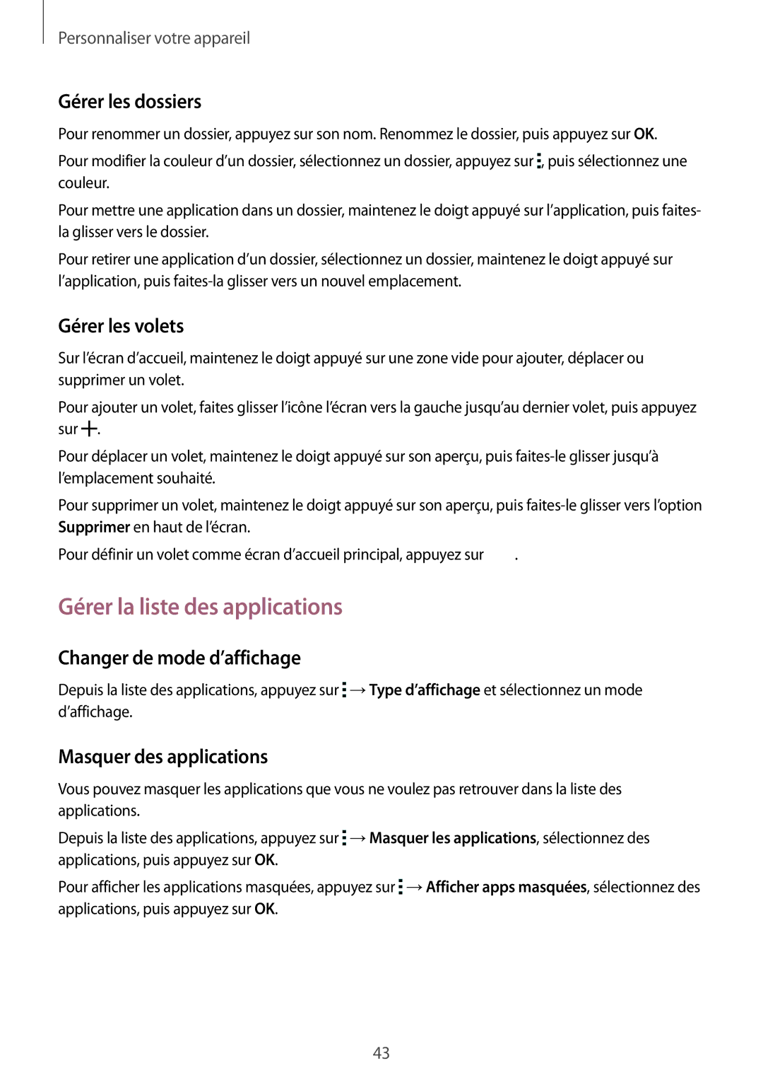 Samsung SM-G357FZWZFTM Gérer la liste des applications, Gérer les dossiers, Gérer les volets, Changer de mode d’affichage 