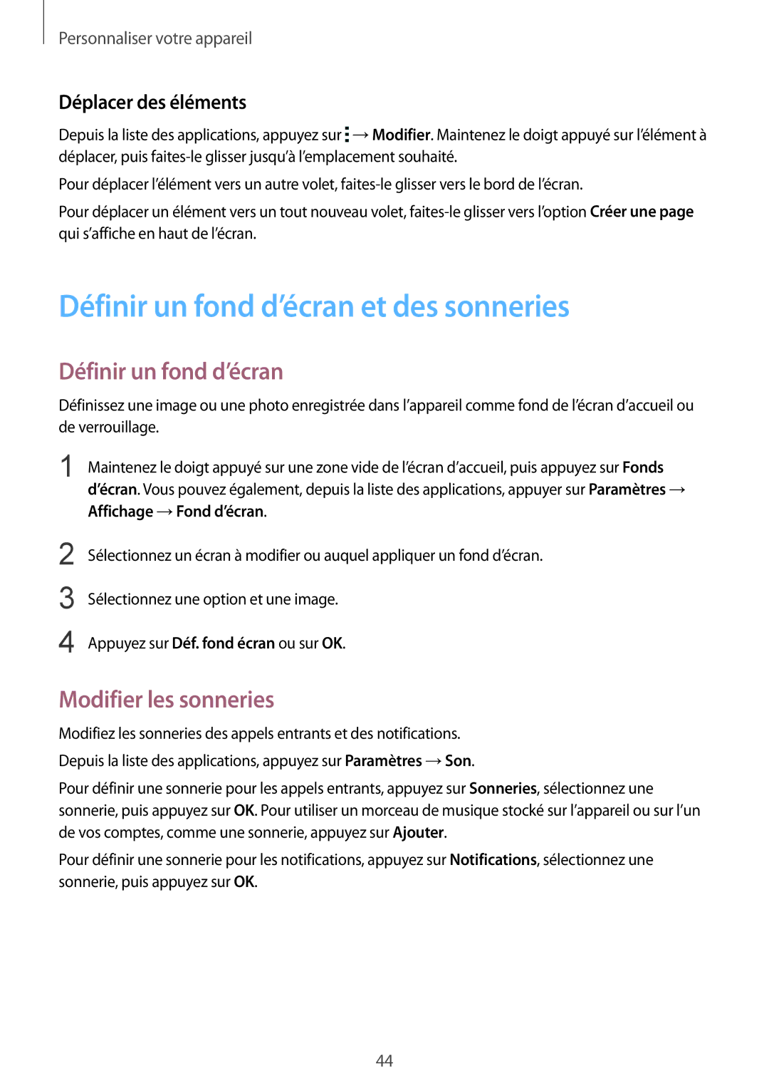 Samsung SM-G357FZWZNRJ manual Définir un fond d’écran et des sonneries, Modifier les sonneries, Déplacer des éléments 