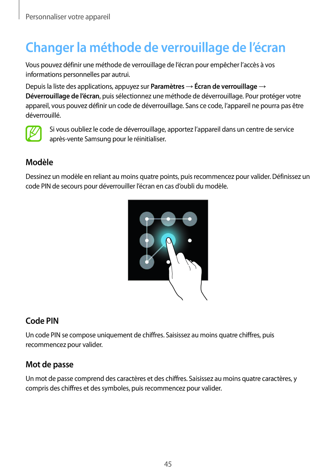 Samsung SM-G357FZAZFTM, SM-G357FZAZSFR manual Changer la méthode de verrouillage de l’écran, Modèle, Code PIN, Mot de passe 