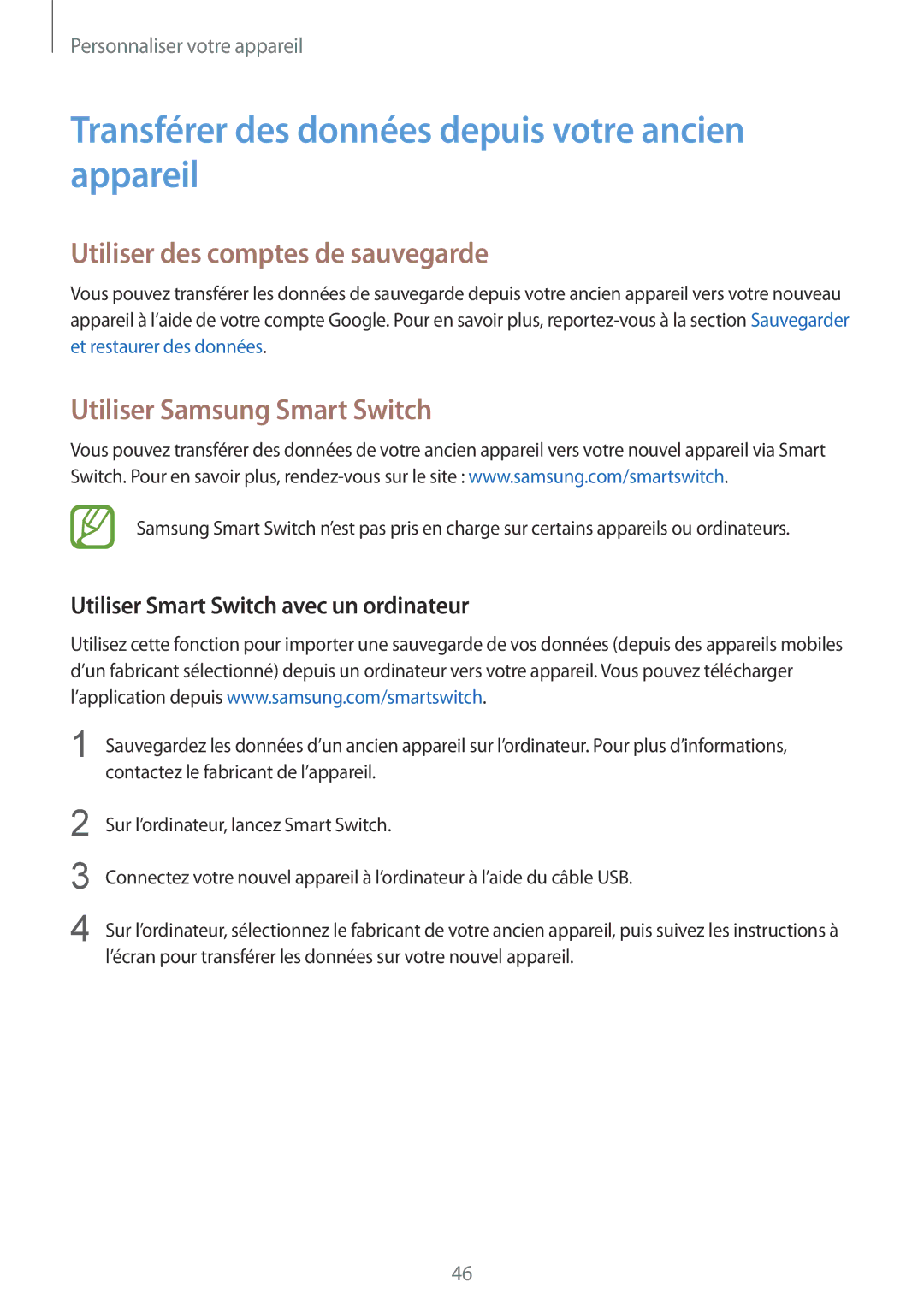 Samsung SM-G357FZWZSFR manual Transférer des données depuis votre ancien appareil, Utiliser des comptes de sauvegarde 