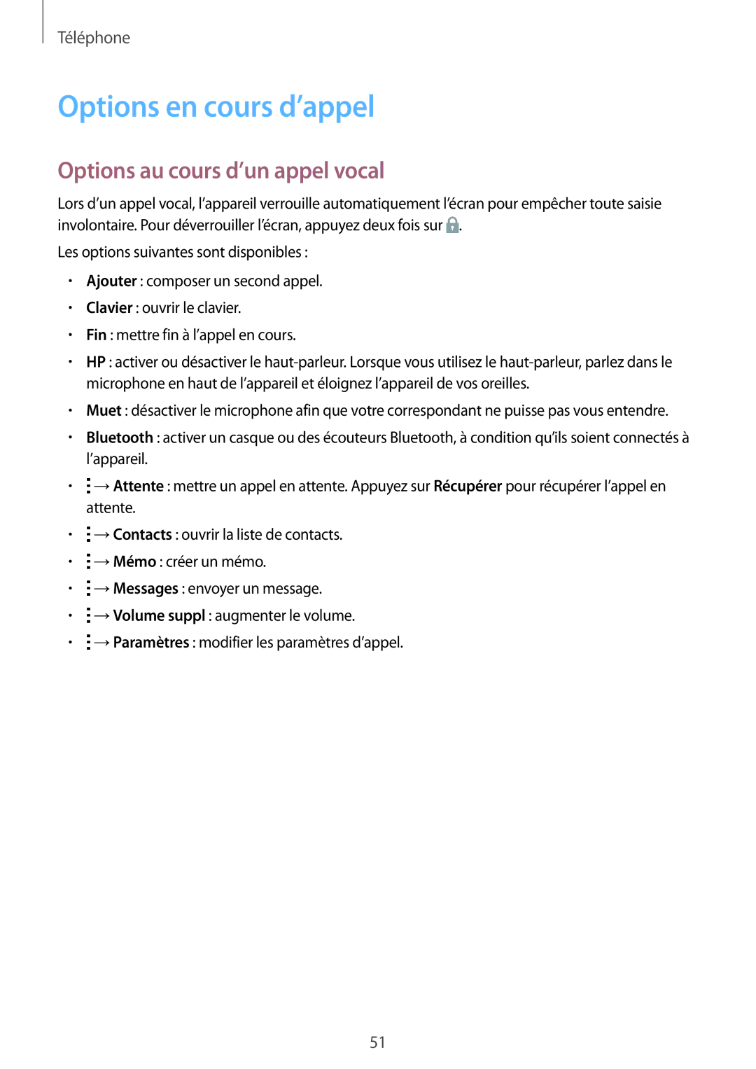 Samsung SM-G357FZWZBOG, SM-G357FZAZSFR, SM-G357FZWZXEF manual Options en cours d’appel, Options au cours d’un appel vocal 