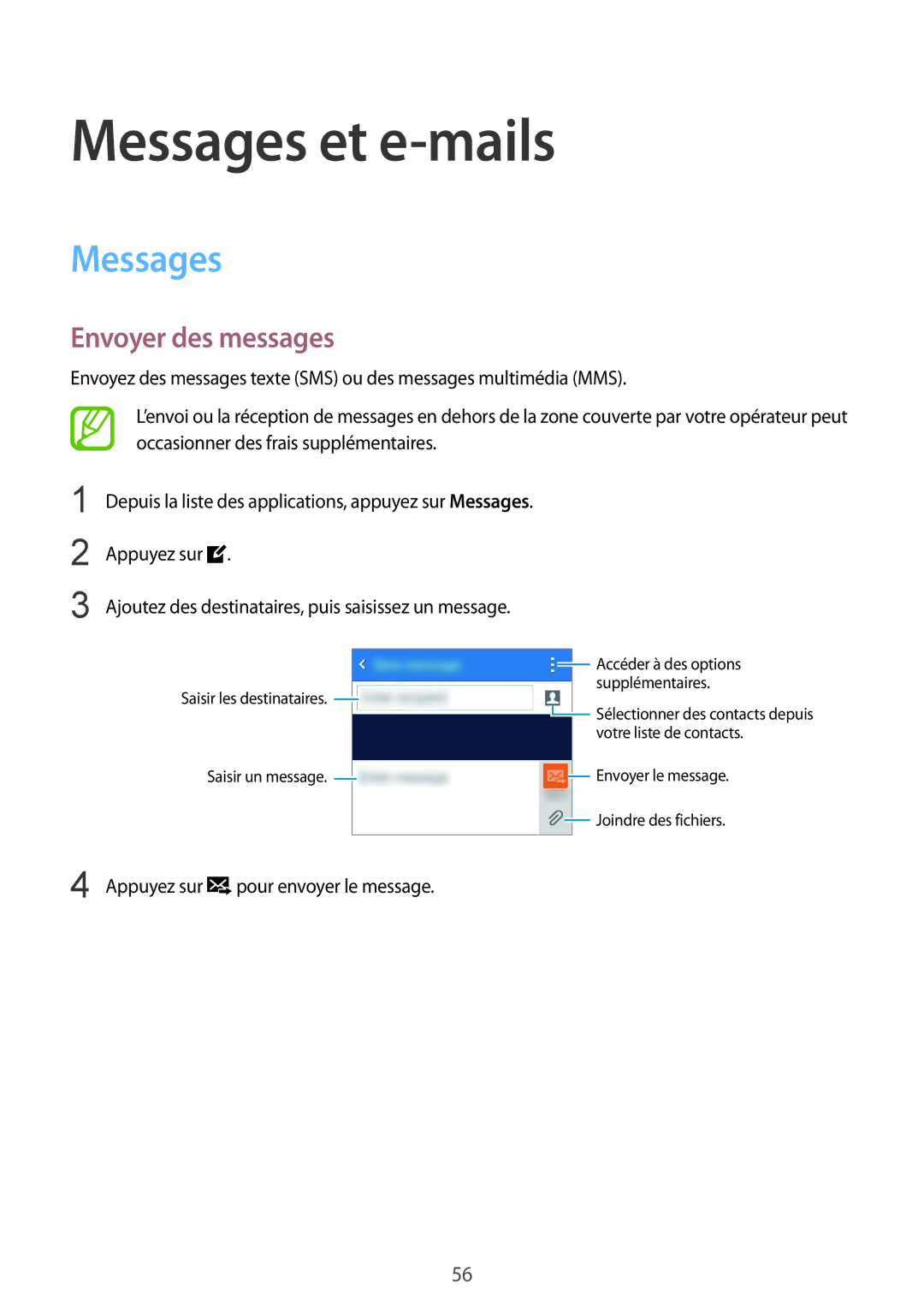 Samsung SM-G357FZWZSFR, SM-G357FZAZSFR, SM-G357FZWZBOG, SM-G357FZWZXEF manual Messages et e-mails, Envoyer des messages 