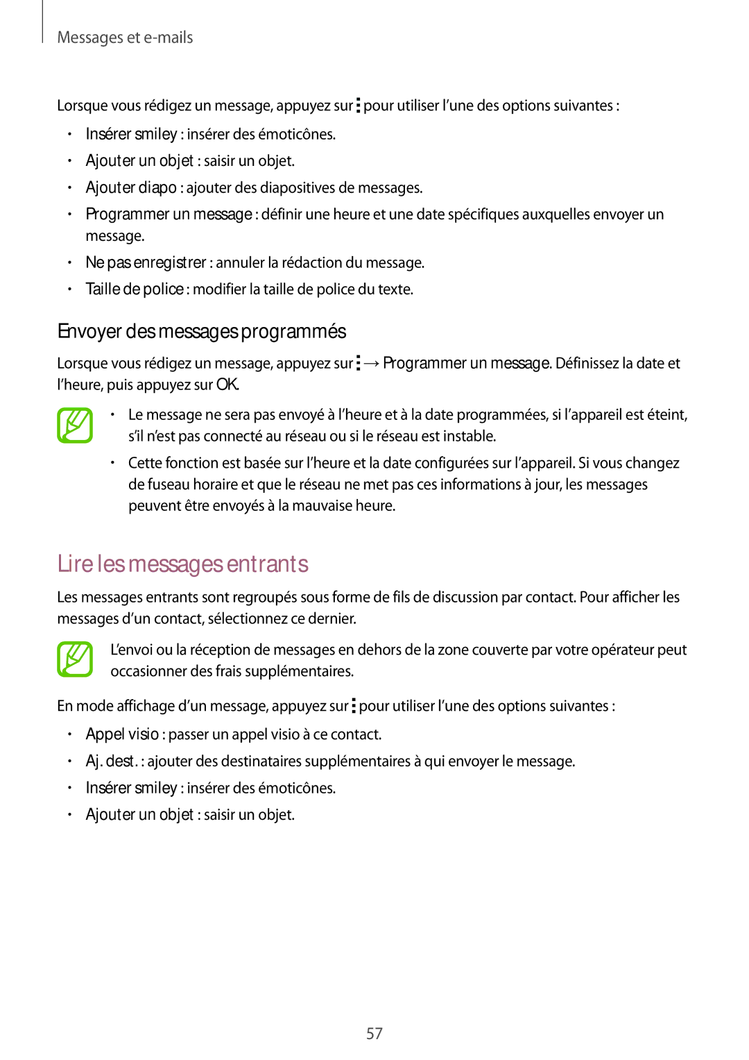 Samsung SM-G357FZAZXEF, SM-G357FZAZSFR, SM-G357FZWZBOG manual Lire les messages entrants, Envoyer des messages programmés 