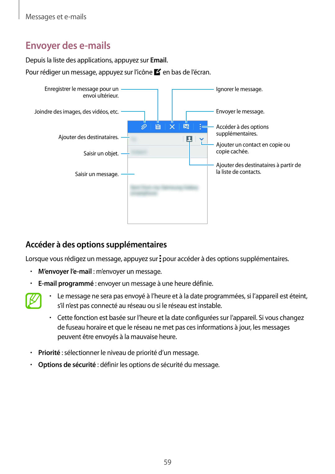 Samsung SM-G357FZAZBOG, SM-G357FZAZSFR, SM-G357FZWZBOG manual Envoyer des e-mails, Accéder à des options supplémentaires 