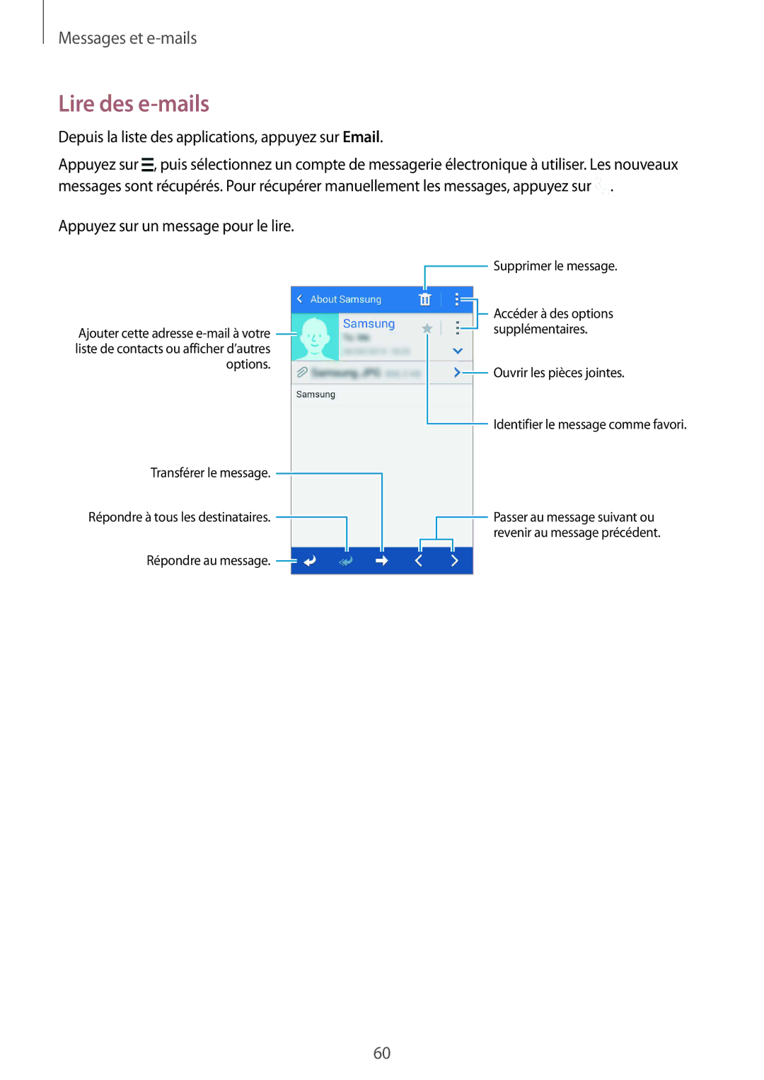 Samsung SM-G357FZAZSFR, SM-G357FZWZBOG manual Lire des e-mails, Depuis la liste des applications, appuyez sur Email 