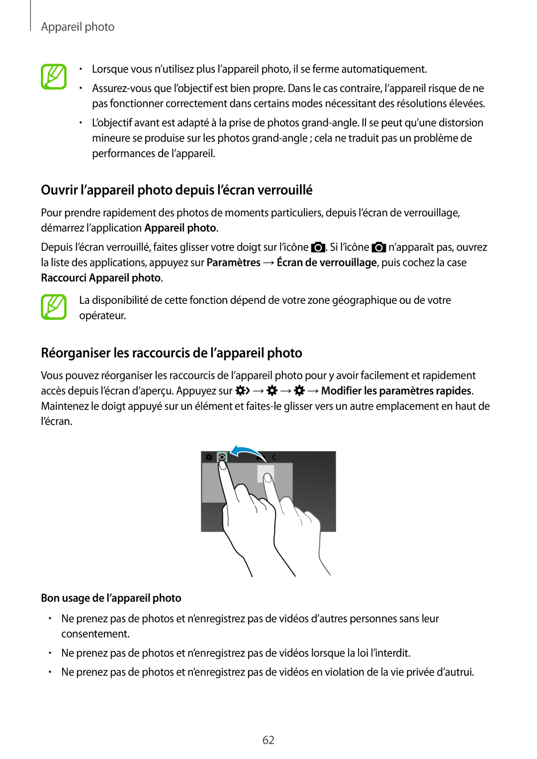 Samsung SM-G357FZWZXEF Ouvrir l’appareil photo depuis l’écran verrouillé, Réorganiser les raccourcis de l’appareil photo 