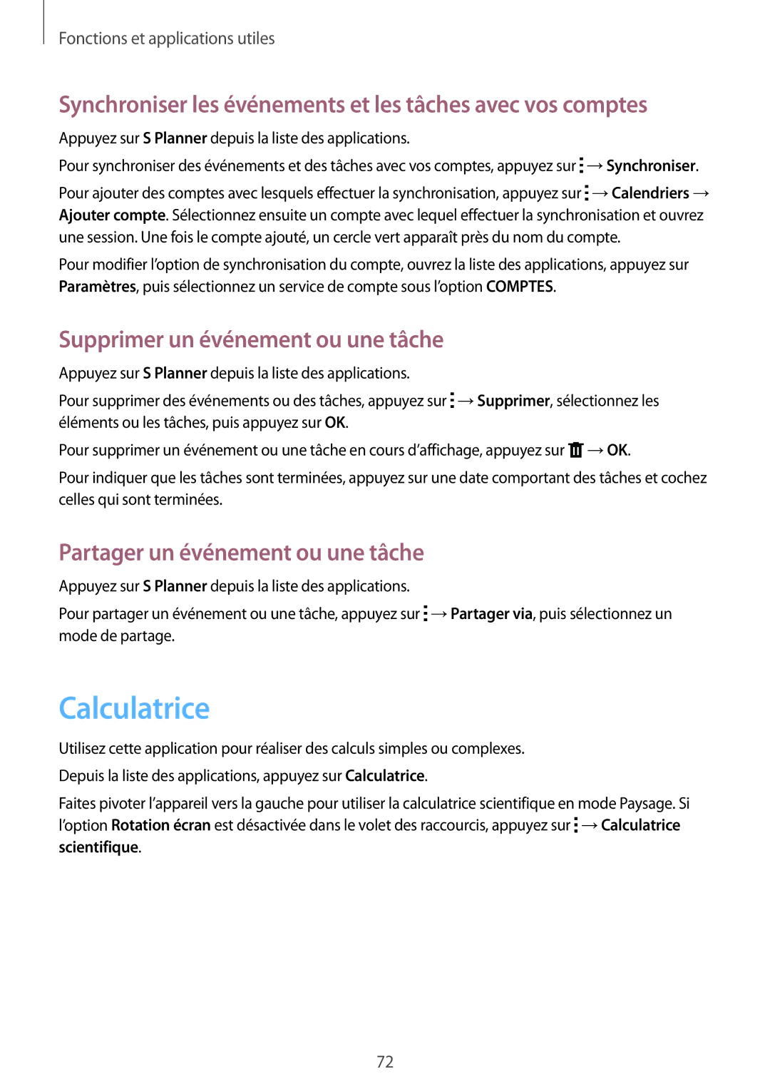 Samsung SM-G357FZWZXEF, SM-G357FZAZSFR manual Calculatrice, Synchroniser les événements et les tâches avec vos comptes 