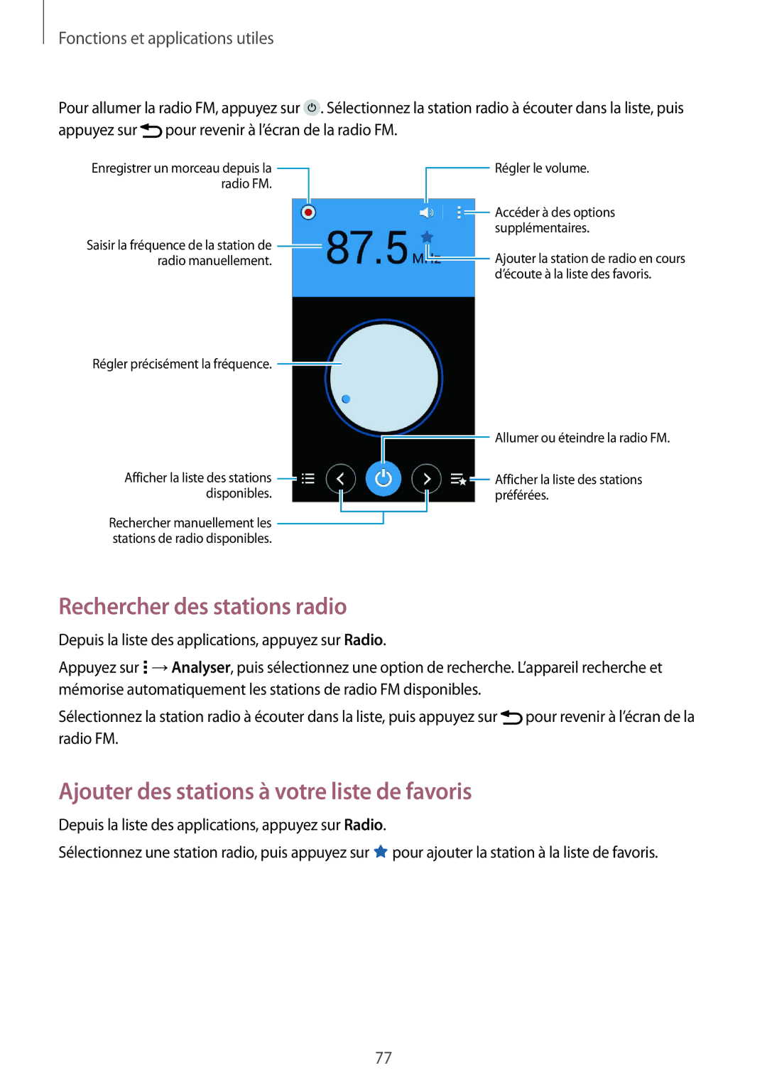 Samsung SM-G357FZAZXEF, SM-G357FZAZSFR manual Rechercher des stations radio, Ajouter des stations à votre liste de favoris 