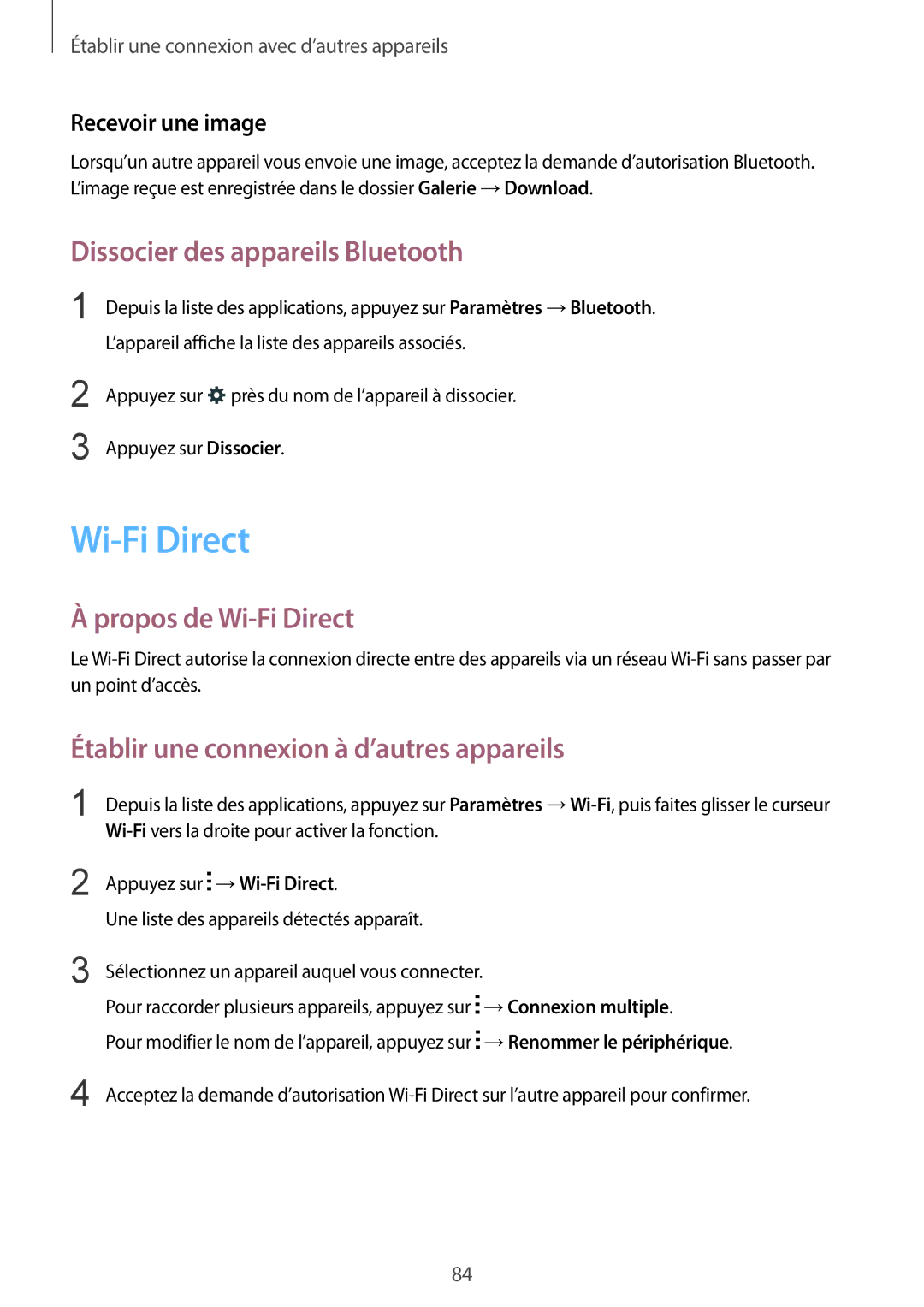 Samsung SM-G357FZWZNRJ, SM-G357FZAZSFR Dissocier des appareils Bluetooth, Propos de Wi-Fi Direct, Recevoir une image 