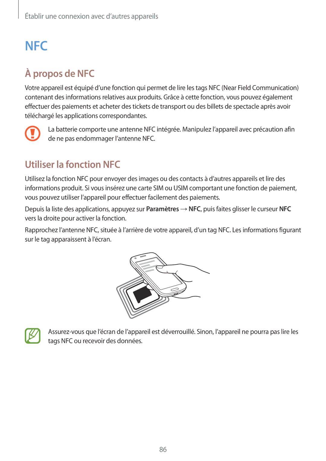 Samsung SM-G357FZWZSFR, SM-G357FZAZSFR, SM-G357FZWZBOG, SM-G357FZWZXEF manual Propos de NFC, Utiliser la fonction NFC 