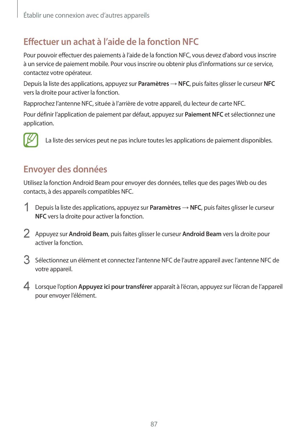 Samsung SM-G357FZAZXEF, SM-G357FZAZSFR, SM-G357FZWZBOG Effectuer un achat à l’aide de la fonction NFC, Envoyer des données 