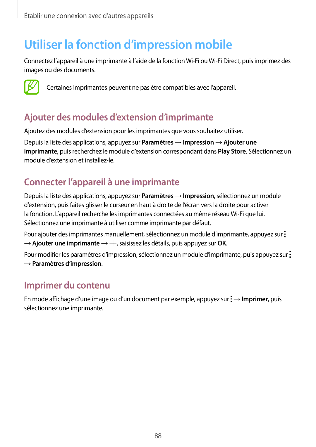 Samsung SM-G357FZAZNRJ manual Utiliser la fonction d’impression mobile, Ajouter des modules d’extension d’imprimante 