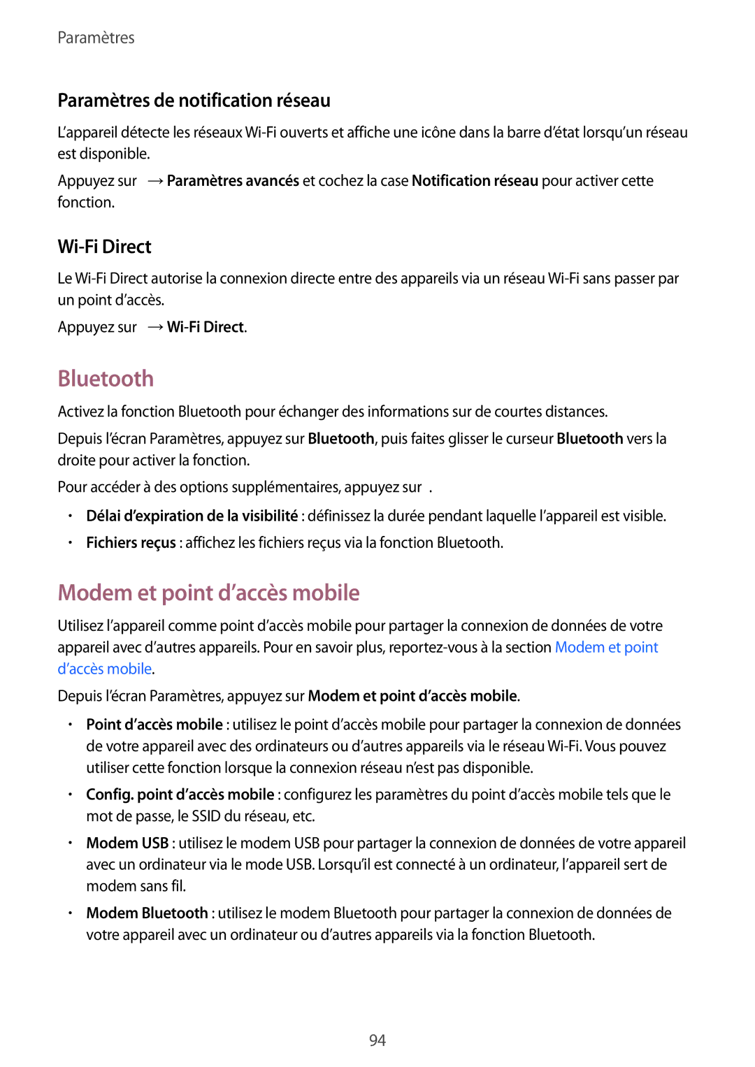 Samsung SM-G357FZWZNRJ manual Bluetooth, Modem et point d’accès mobile, Paramètres de notification réseau, Wi-Fi Direct 