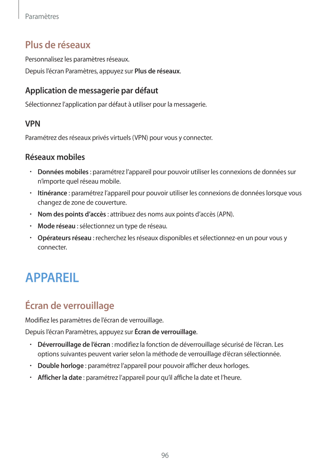Samsung SM-G357FZWZSFR manual Plus de réseaux, Écran de verrouillage, Application de messagerie par défaut, Réseaux mobiles 