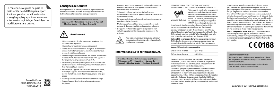 Samsung SM-G357FZWZXEF Consignes de sécurité, Informations sur la certification DAS, Valeurs DAS maximales pour ce modèle 