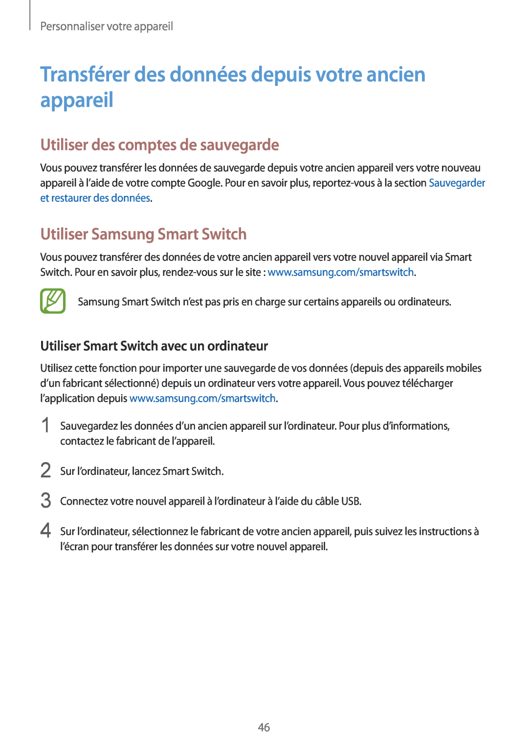 Samsung SM-G357FZWZSFR manual Transférer des données depuis votre ancien appareil, Utiliser des comptes de sauvegarde 