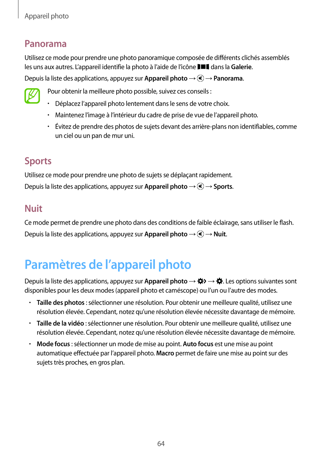 Samsung SM-G357FZWZNRJ, SM-G357FZAZSFR manual Paramètres de l’appareil photo, Panorama, Sports, Nuit, Appareil photo 