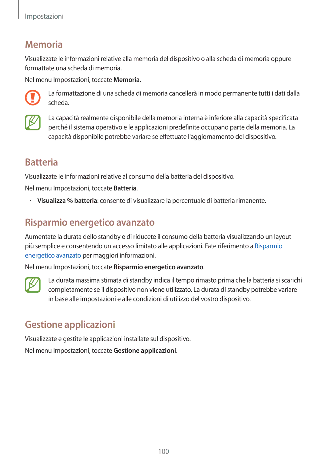 Samsung SM-G357FZAZIDE, SM-G357FZWZXEO, SM-G357FZAZTPL, SM-G357FZAZPLS manual Memoria, Batteria, Gestione applicazioni 