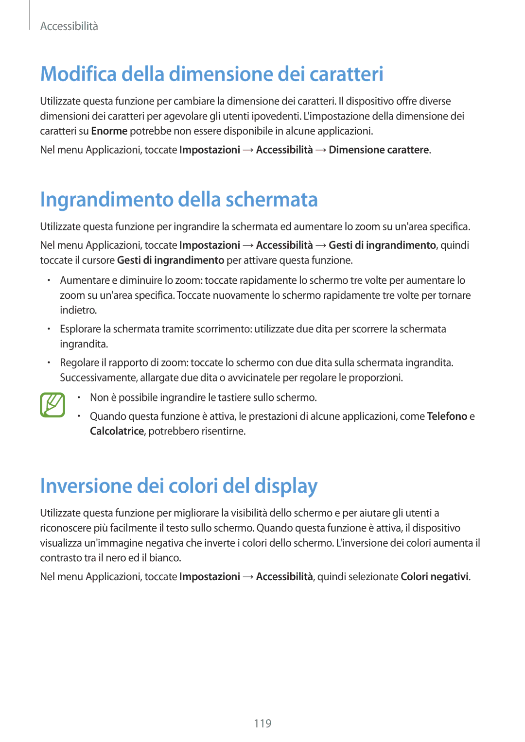 Samsung SM-G357FZAZOMN, SM-G357FZWZXEO manual Modifica della dimensione dei caratteri, Ingrandimento della schermata 