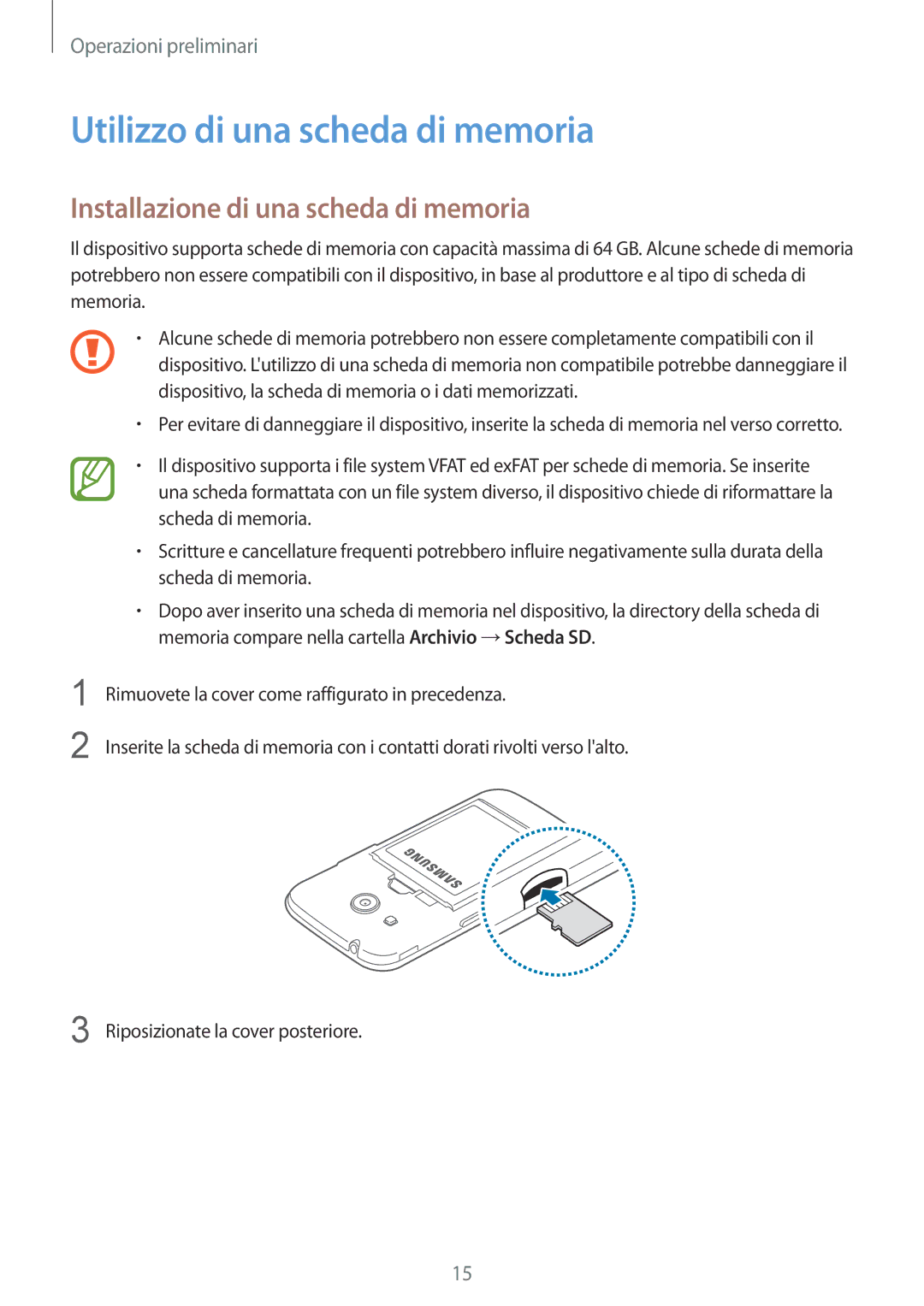 Samsung SM-G357FZWZIDE, SM-G357FZWZXEO manual Utilizzo di una scheda di memoria, Installazione di una scheda di memoria 