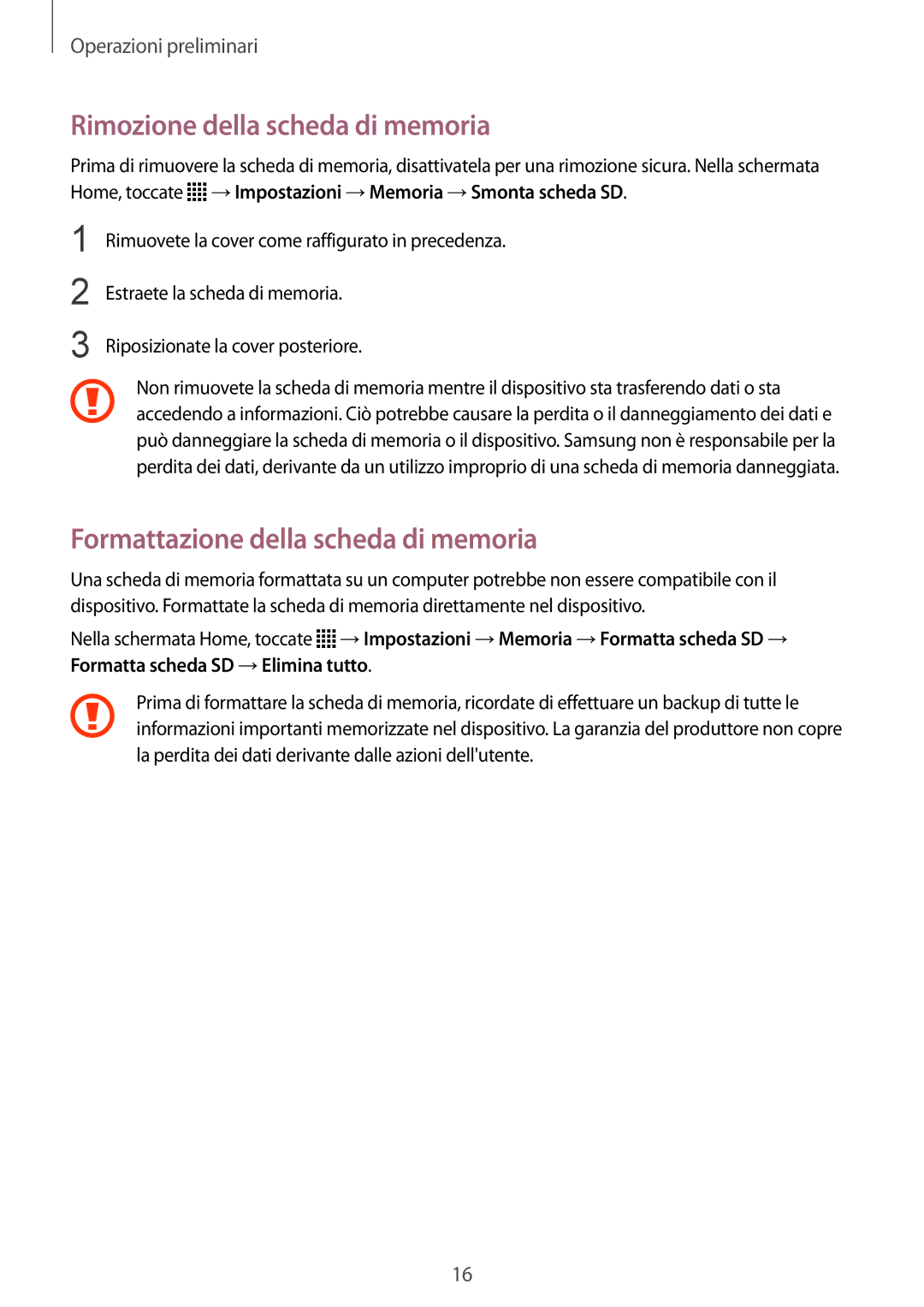 Samsung SM-G357FZWZOMN, SM-G357FZWZXEO manual Rimozione della scheda di memoria, Formattazione della scheda di memoria 