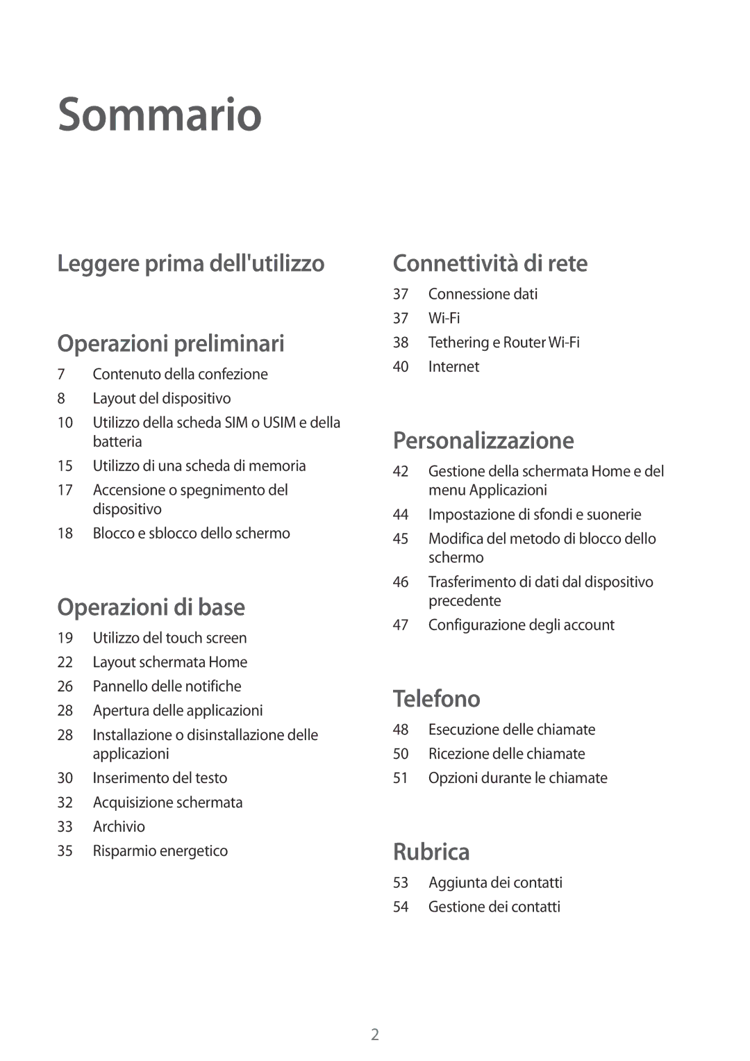 Samsung SM-G357FZAZTPL, SM-G357FZWZXEO, SM-G357FZAZIDE manual Sommario, Leggere prima dellutilizzo Operazioni preliminari 