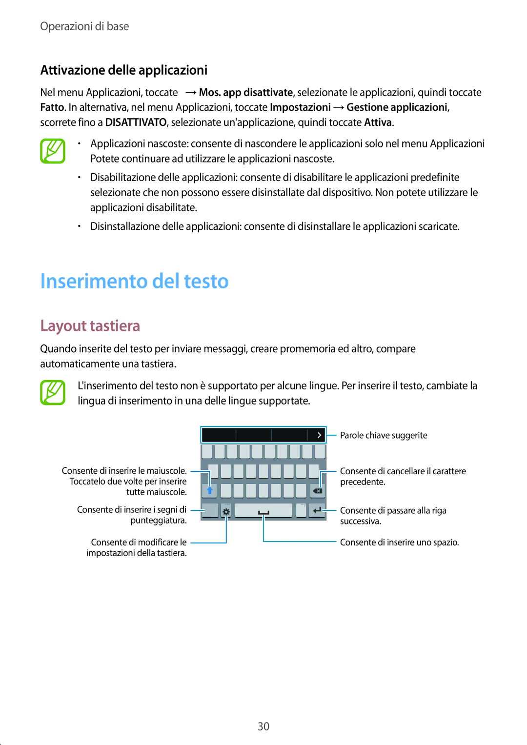 Samsung SM-G357FZAZITV, SM-G357FZWZXEO manual Inserimento del testo, Layout tastiera, Attivazione delle applicazioni 