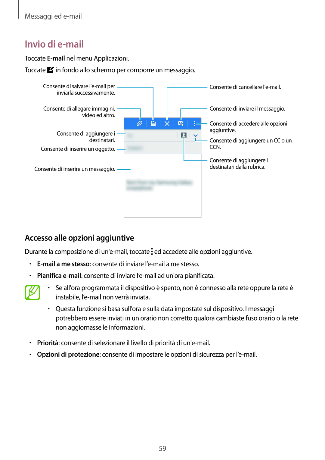 Samsung SM-G357FZWZIDE, SM-G357FZWZXEO, SM-G357FZAZIDE, SM-G357FZAZTPL manual Invio di e-mail, Accesso alle opzioni aggiuntive 