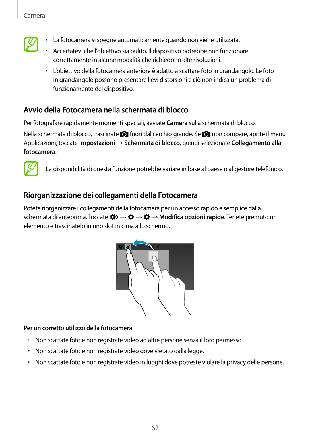 Samsung SM-G357FZWZITV manual Avvio della Fotocamera nella schermata di blocco, Per un corretto utilizzo della fotocamera 