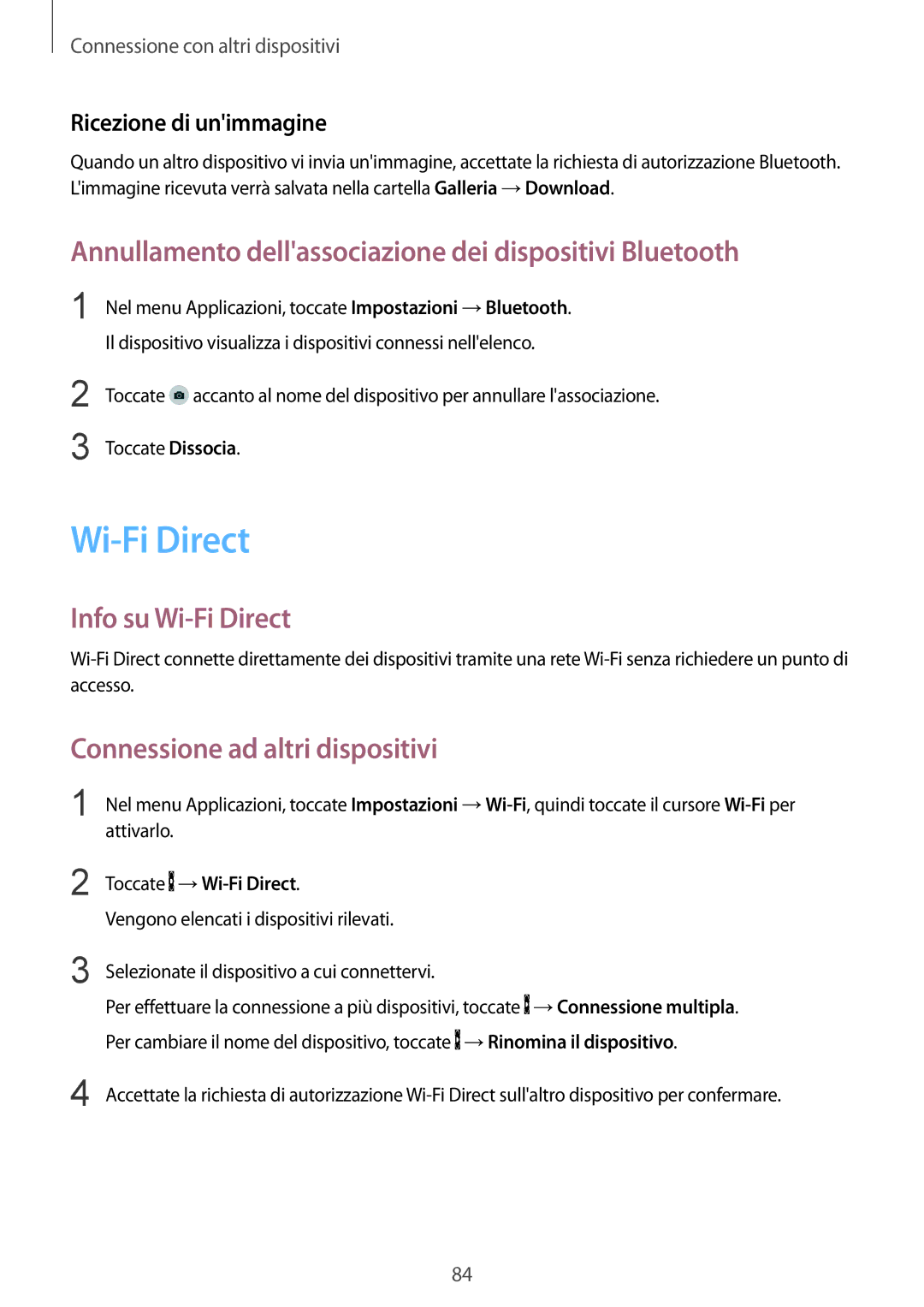 Samsung SM-G357FZWZITV, SM-G357FZWZXEO Annullamento dellassociazione dei dispositivi Bluetooth, Info su Wi-Fi Direct 