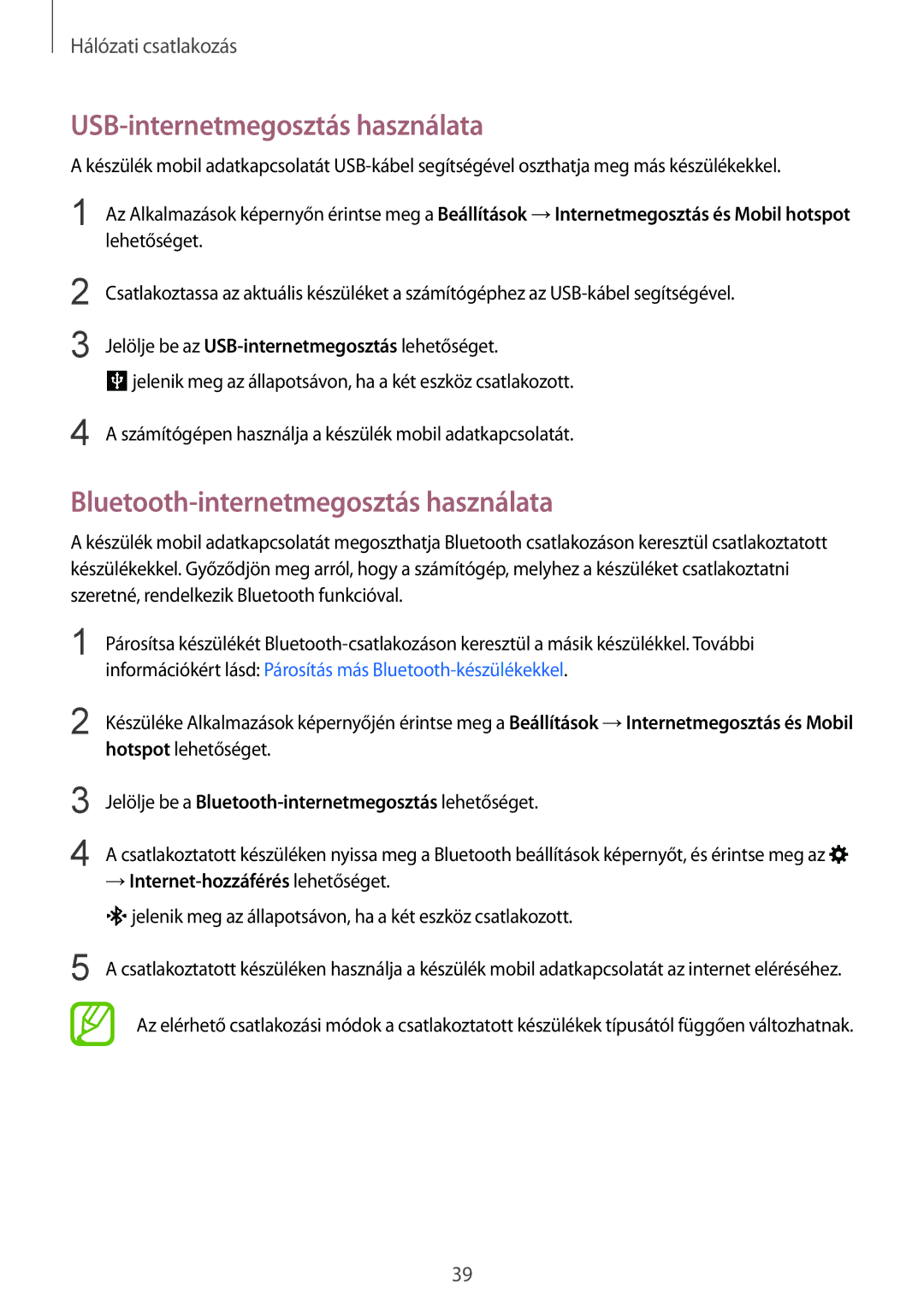 Samsung SM-G357FZAZORX, SM-G357FZWZXEO manual USB-internetmegosztás használata, Bluetooth-internetmegosztás használata 