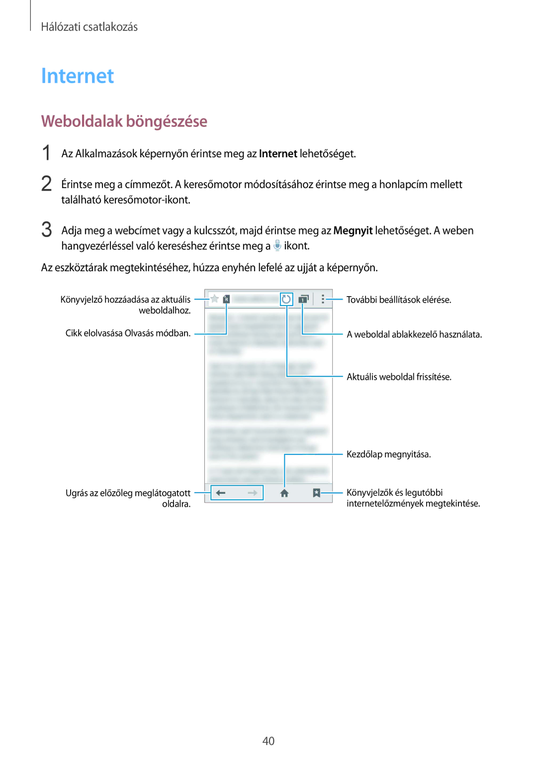 Samsung SM-G357FZWZXEO, SM-G357FZWZCOS, SM-G357FZWZPLS, SM-G357FZAZXEO, SM-G357FZAZIDE manual Internet, Weboldalak böngészése 