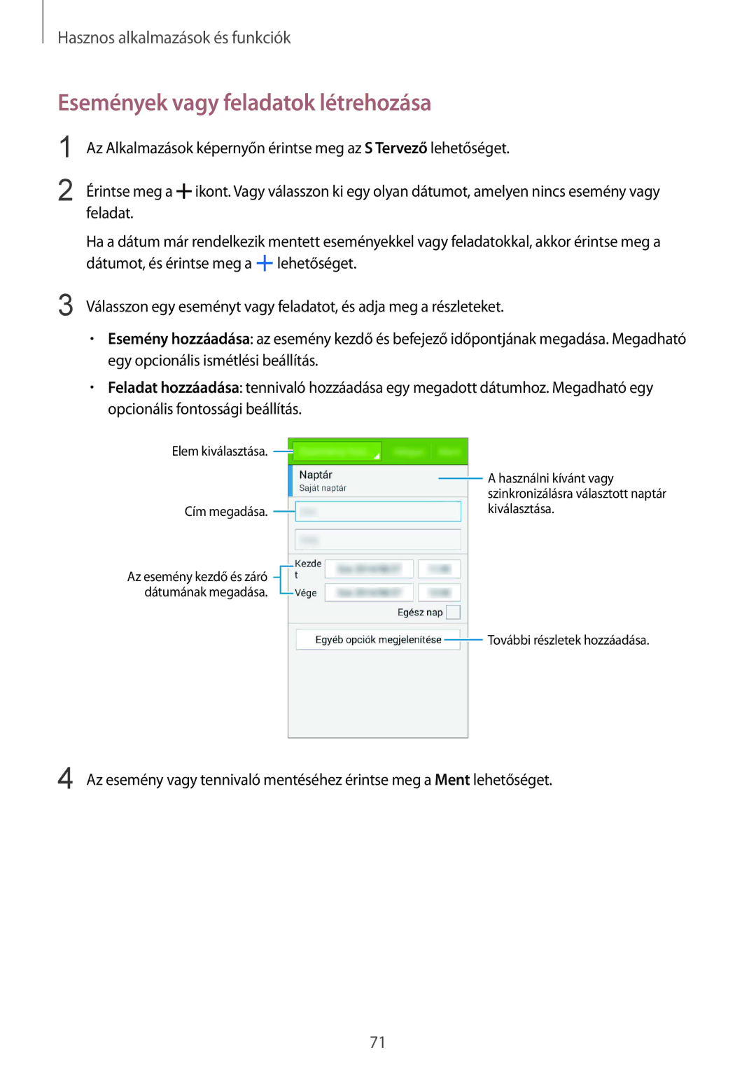 Samsung SM2G357FZAZVDH, SM-G357FZWZXEO, SM-G357FZWZCOS, SM-G357FZWZPLS, SM-G357FZAZXEO Események vagy feladatok létrehozása 