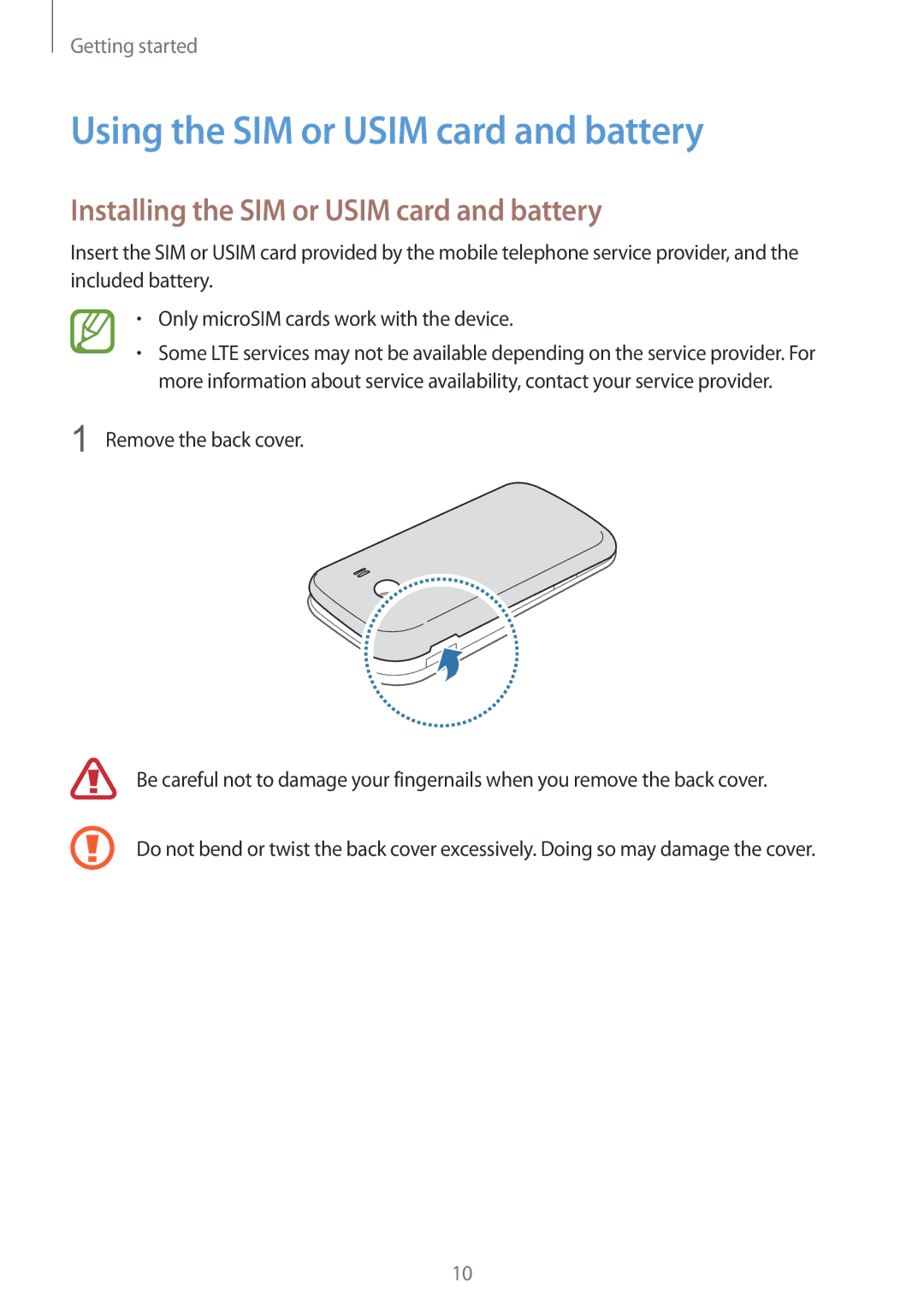 Samsung SM-G357FZAZEUR, SM-G357FZWZXEO Using the SIM or Usim card and battery, Installing the SIM or Usim card and battery 