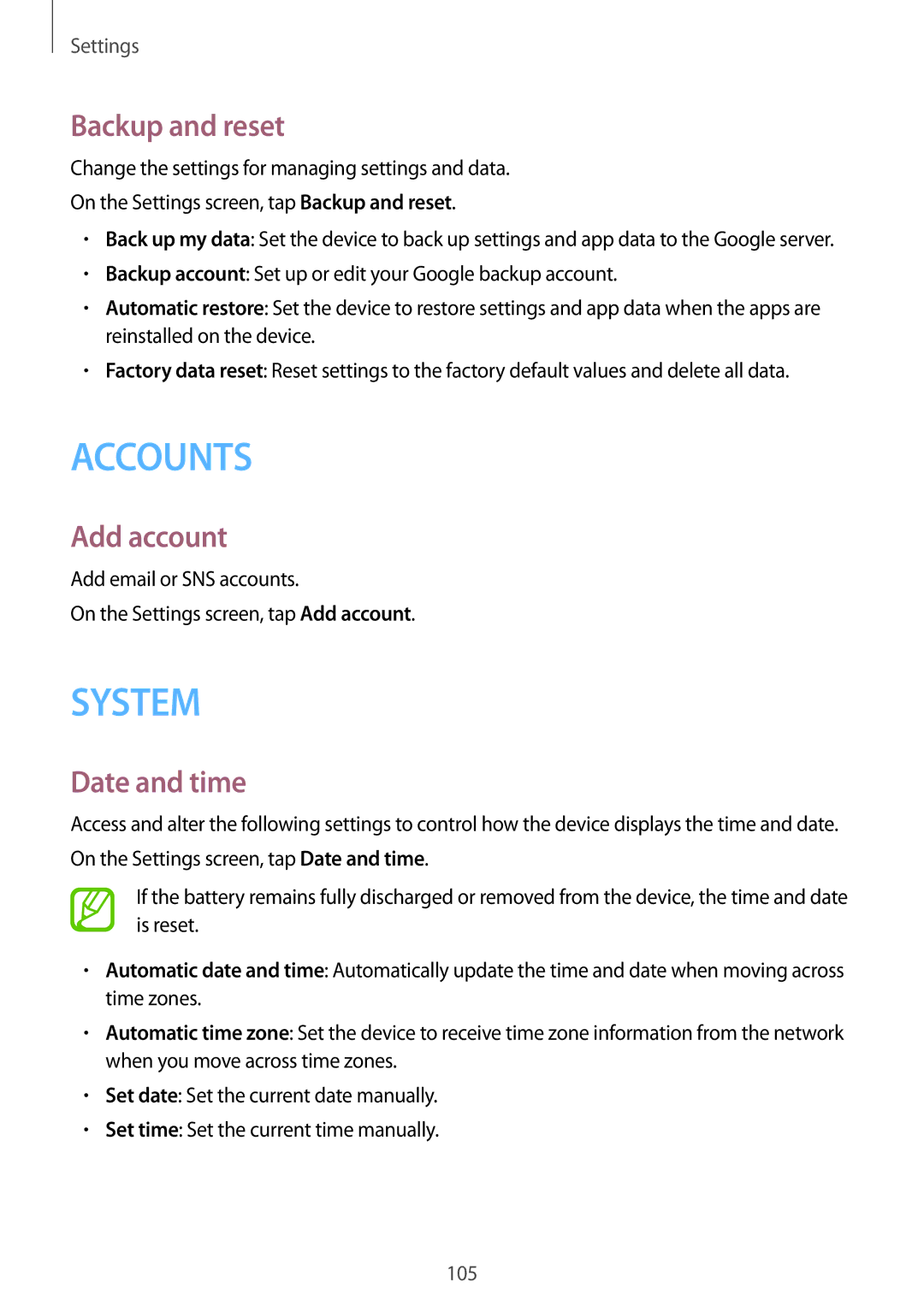 Samsung SM-G357FZWZTPL, SM-G357FZWZXEO, SM-G357FZWZOPT, SM-G357FZWZDBT manual Backup and reset, Add account, Date and time 