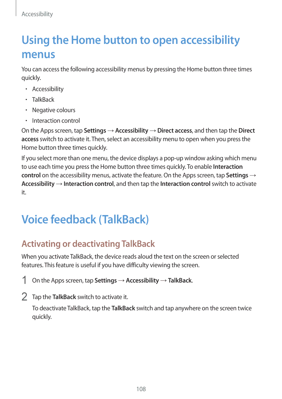 Samsung SM-G357FZWZIDE, SM-G357FZWZXEO manual Using the Home button to open accessibility menus, Voice feedback TalkBack 