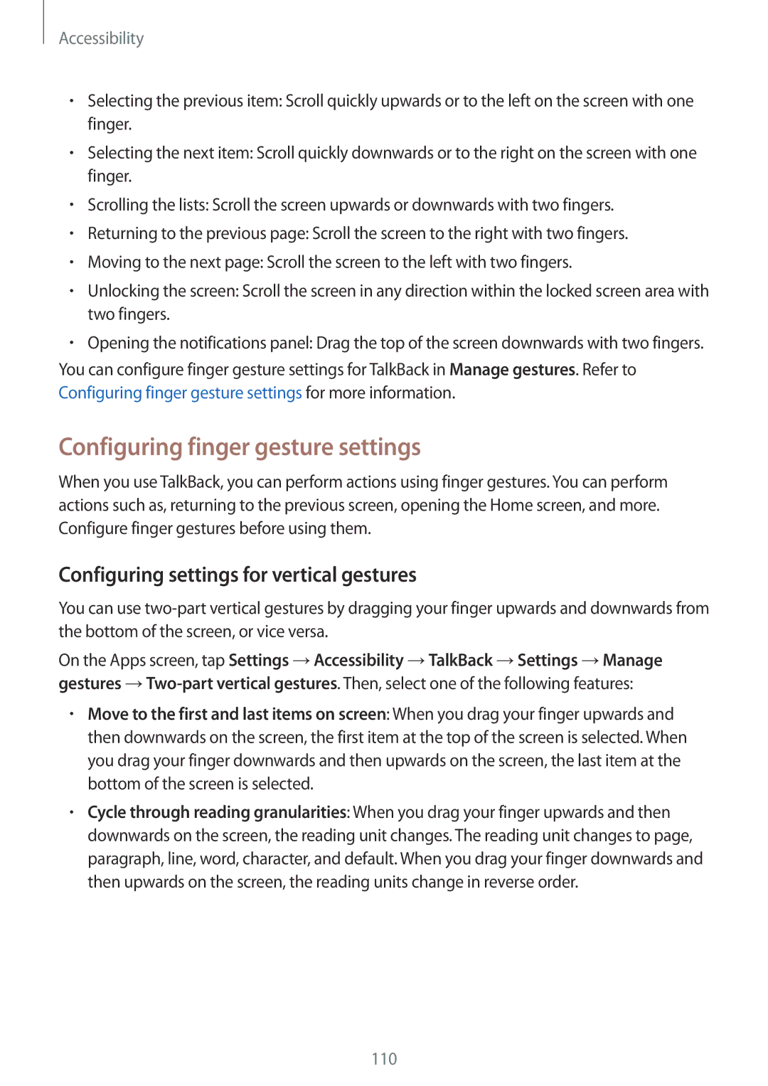 Samsung SM-G357FZAZSFR, SM-G357FZWZXEO Configuring finger gesture settings, Configuring settings for vertical gestures 