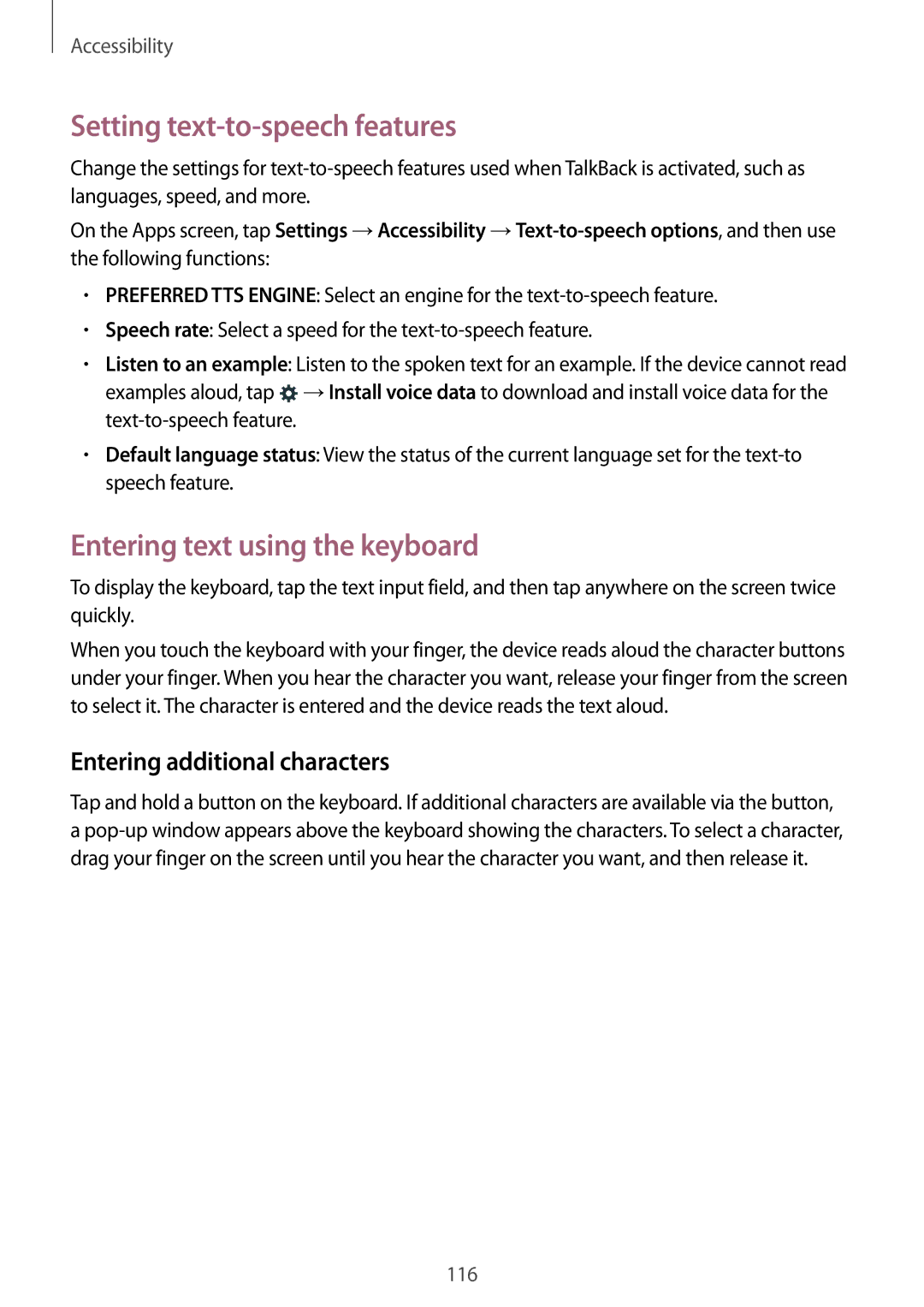 Samsung SM-G357FZWZSFR Setting text-to-speech features, Entering text using the keyboard, Entering additional characters 